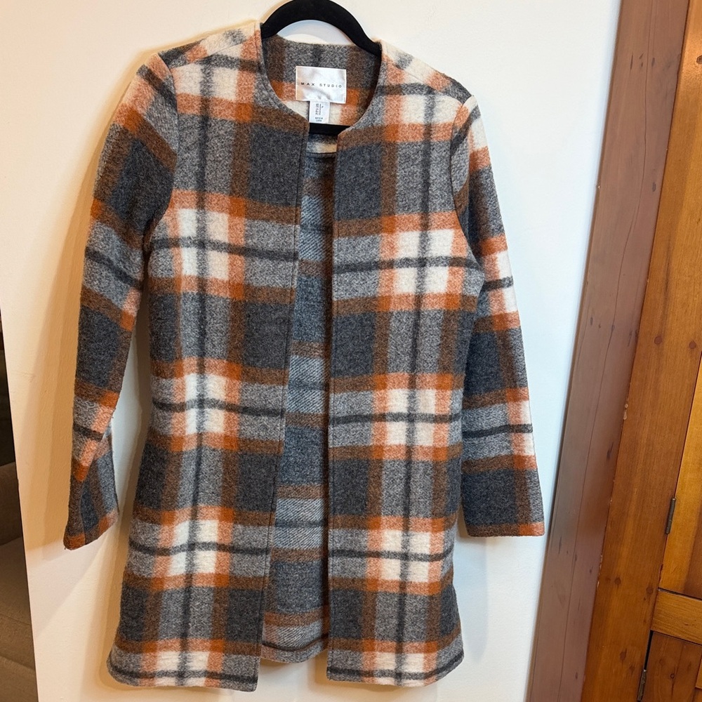Max Studio Gray, Orange & Cream Plaid Open-Front Wool Blend Evening Coat, S-Chic